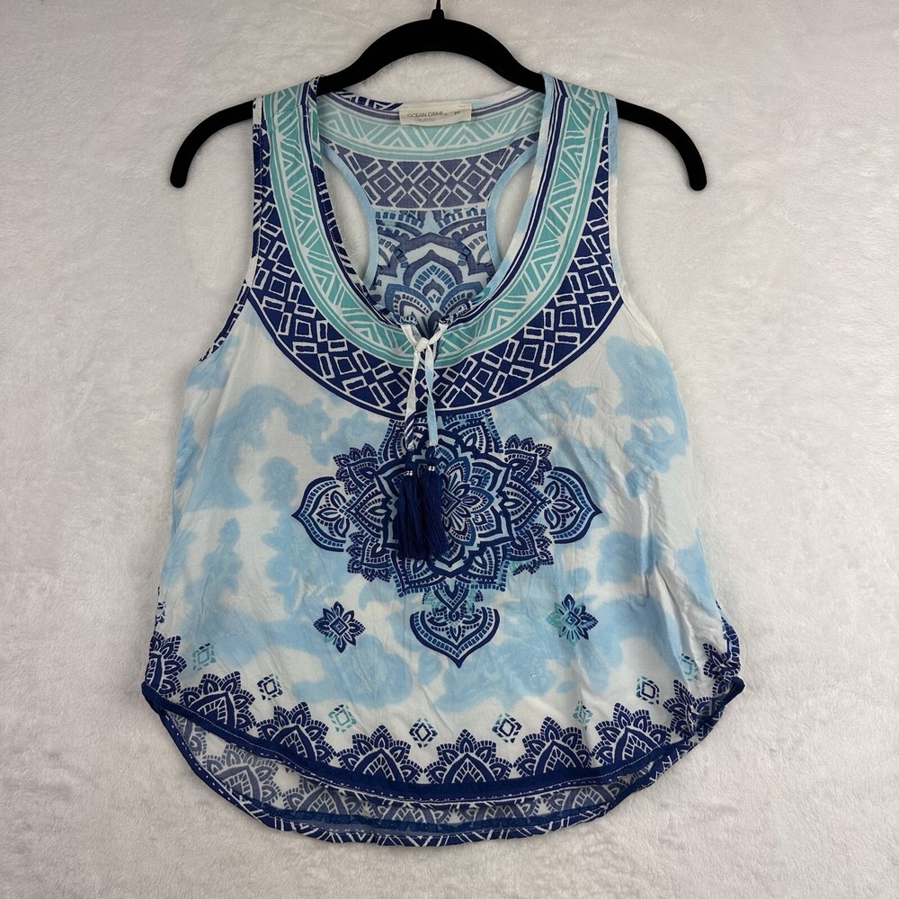 Ocean Drive Medium Womens Halter Tie Front Top Blue White Boho Tassel Medallion